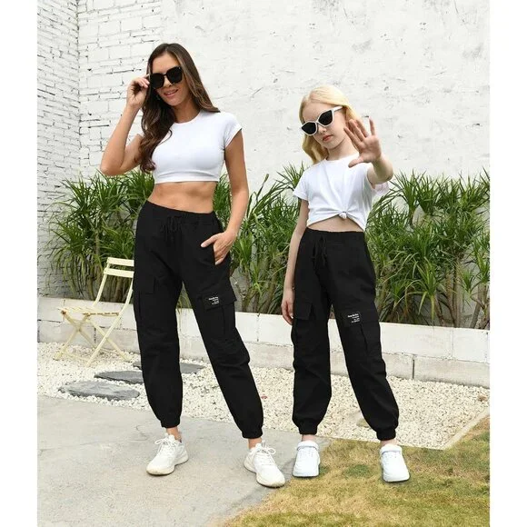 Girls Women Casual Cargo Jogger Pants Cotton Blend, Elastic Waist & Cuffs - Picture 2 of 7